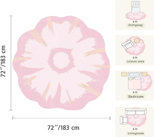 Latte&Fog Pink 6ft Round Area Rug for Living Room, Vintage Washable Circle Rugs for Girls Bedroom, Kids Nursery, Kitchen, Dining Room, Low Pile Non Slip Indoor Circular Carpet for Dorms, Home Decor