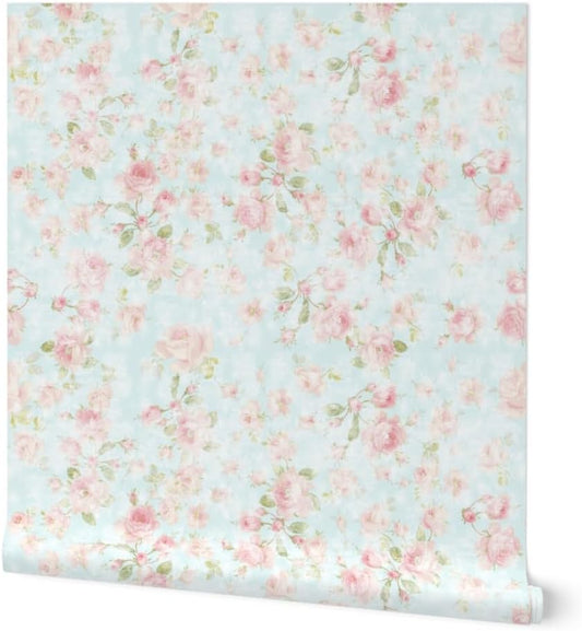 Spoonflower Peel & Stick Wallpaper Swatch - Romantic Rose Shabby Chic Retro 90S Pink Floral Faded Blue Pastel Chintz Cottagecore Custom Removable Wallpaper