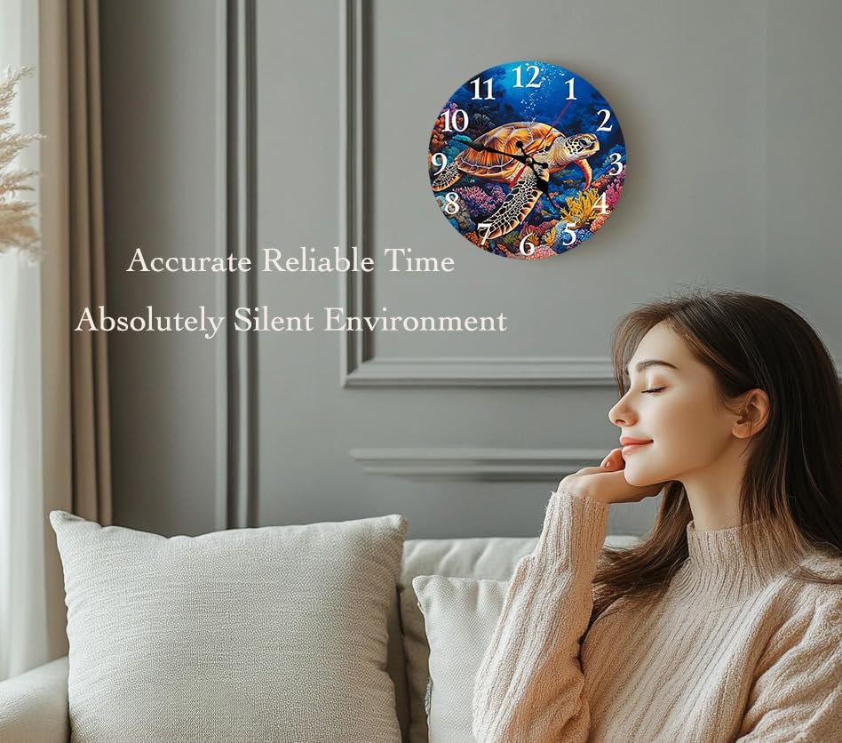 Silent Non Ticking Wall Clock 12 Inch, Turtle Coral Beach Ocean Round Wood Glare Free Clock, Battery Operated, Decorative Gift for Bathroom, Kitchen, Living Room, Bedroom, Nursery, Office