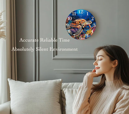 Silent Non Ticking Wall Clock 12 Inch, Turtle Coral Beach Ocean Round Wood Glare Free Clock, Battery Operated, Decorative Gift for Bathroom, Kitchen, Living Room, Bedroom, Nursery, Office