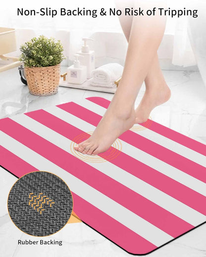 Pink Striped Bath Mat for Tub,Modern Simple Monochrome Geometric White Non Slip Bathroom Floor Runner Rug Quick Dry & Absorbent Diatomaceous Earth Shower Sink Bedroom Kitchen Doormat 16"x24"