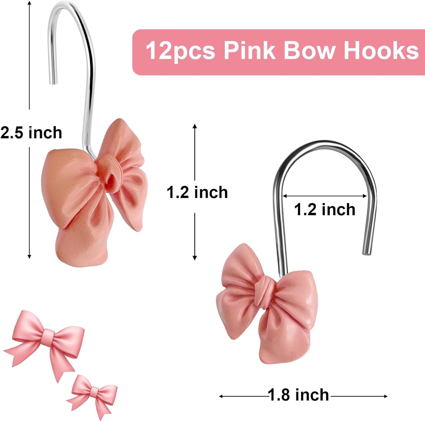 Bow Tie Decorative Shower Curtain Hooks, Pink Bow Knot Shower Curtain Ring Hanger for Bathroom Baby Kids Room Rustproof