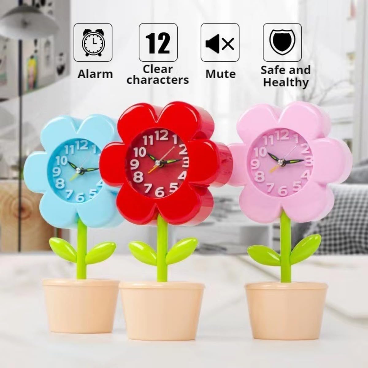 Flower Alarm Clock for Kids Cute Alarm Clock for Kids Bedroom, No Battery, Bedside Clock Children's Sleep Trainier, Wake Up for Boys Girls Birthday Gifts (Pink)