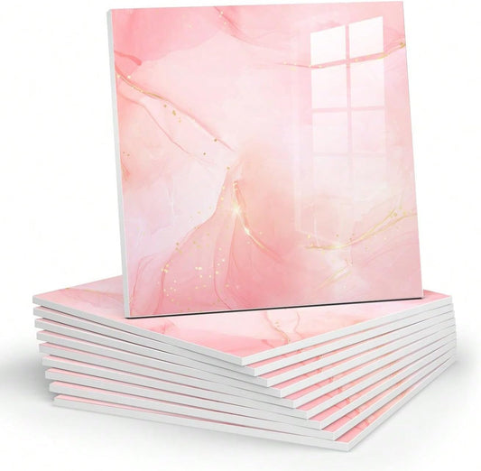 Chejiaye 10pcs Marble Peel and Stick Backsplash Waterproof Washroom Wall Panels, Peel and Stick Tile, PVC Foam Wall Panels for Kitchen,Bathroom,Living Room,Pink Wallpaper(Not Real Tile,11.8" x 11.8")