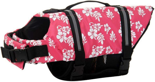Dog Life Jacket Adjustable Dog Lifevest Swimsuit Safety Vest Apparel Lifesaver Coat for Small Large Cats Puppy Kitty with Handle Reflective for Swimming and Boating Pink Flower M