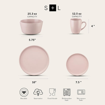 Stone Lain Albie Stoneware 16-Piece Modern Dinnerware Set, Kitchen Plates and Bowls Sets, Service for 4, Pink, Microwave & Dishwasher Safe