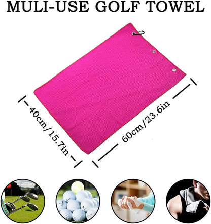 2 Pack Tri-Fold Microfiber Towels Set with Carabiner Clip - Waffle Pattern Golf Towels for Bags - Outdoor Sports Towel Gifts (2 Pcs Pink + Pink)