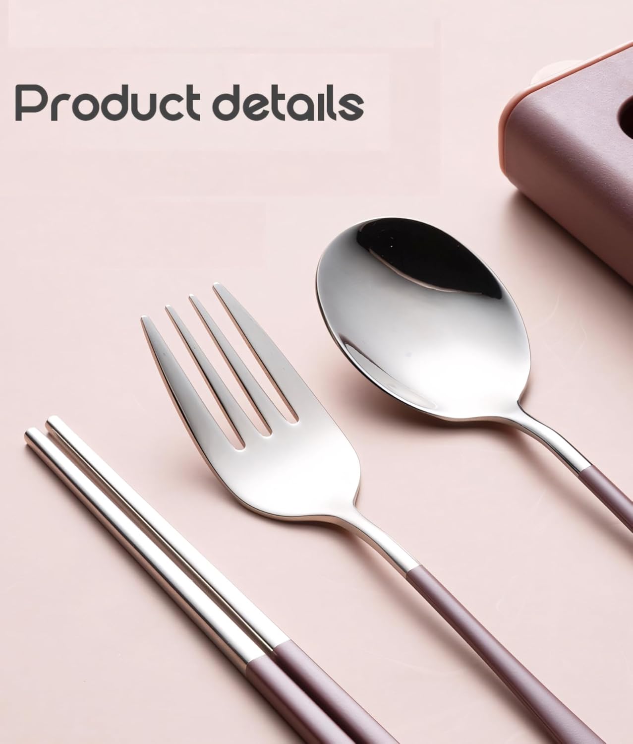 Muka Set of 3 Personalized Portable Utensils, Stainless Steel Chopsticks, Fork, Spoon Travel Flatware Set with Custom Logo & Name-Pink*Silver