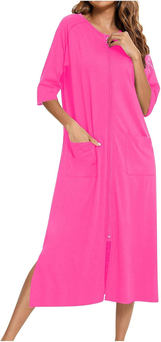 Lightweight Long Housecoats for Women 3/4 Sleeve Front Zipper Bathrobes Loose Lounge Loungewear Nightgown with Pocket