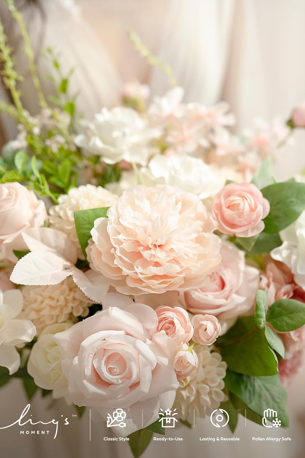 Ling's moment Blush Pink Wedding Bouquets for Bride, Blush and Cream Bridal Bouquets for Bride, 15 Inch Free Form Artificial Wedding Flower Bouquet