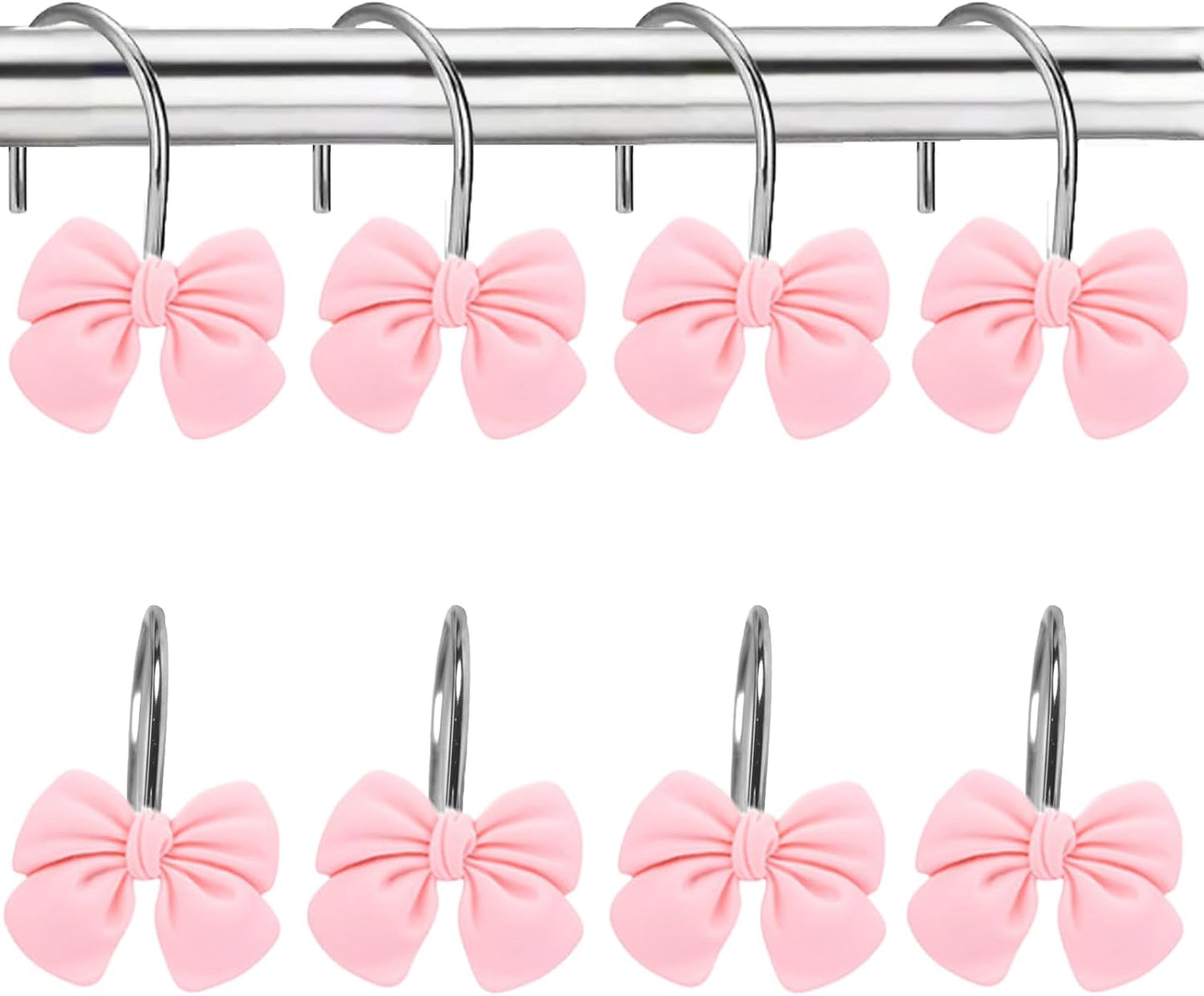 12 Pink Bow Resin Shower Curtain Hooks - Cute Bathroom Decor for Girls, Princesses and Glam Style