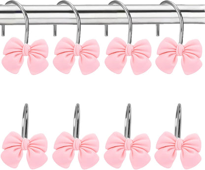 12 Pink Bow Resin Shower Curtain Hooks - Cute Bathroom Decor for Girls, Princesses and Glam Style
