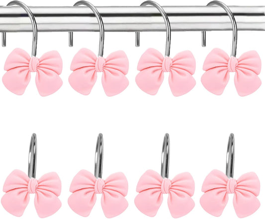 12 Pink Bow Resin Shower Curtain Hooks - Cute Bathroom Decor for Girls, Princesses and Glam Style