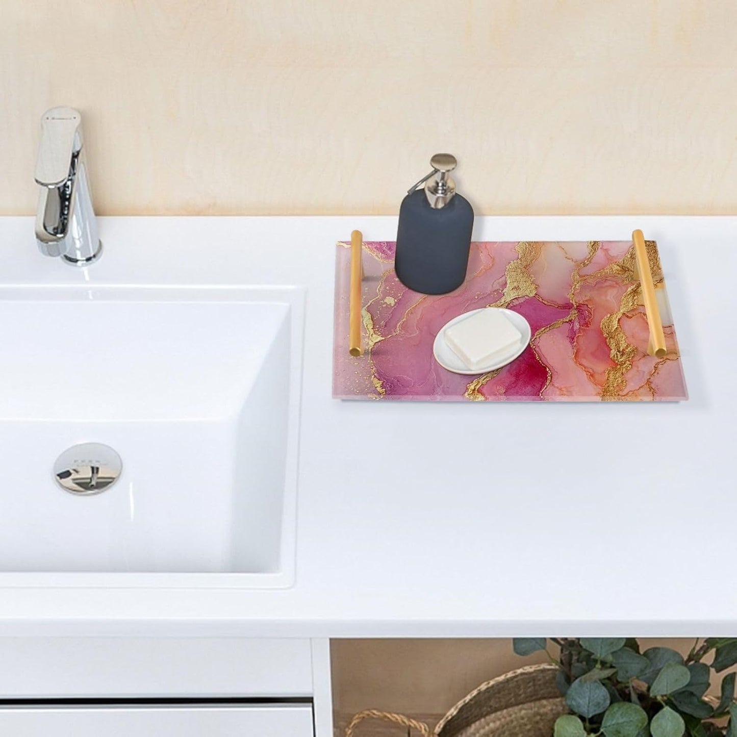 Marble Rose Gold Hot Pink Decorative Acrylic Cafeteria Tray with Handles Flat Serving Tray for Jewelry Perfume for Drink Serving Tabla para desayuno