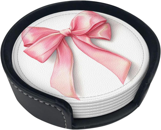 Watercolor Light Pastel Pink Ribbon Bow Premium Leather Coasters, Set of 6 with Holder, Stylish Beverage Coasters for Kitchen Coffee Bar