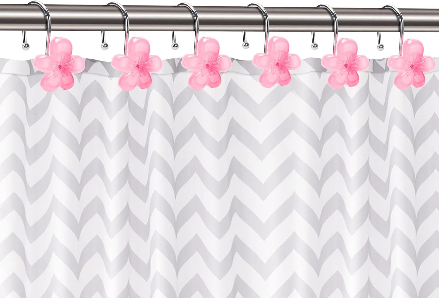 Flower Decorative Shower Curtain Hooks, Glow in The Dark, Elegant Style Shower Curtain Hangers for Bathroom Set of 12, Pink