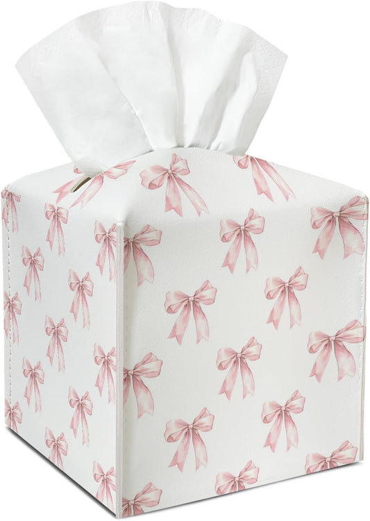 Pink Bows Leather Tissue Box Cover Square Vintage Tissue Holder for Car Livingroom Office Decor Ideal Gifts for Women Colleagues Family Sister Bestie Daughter Birthday Christmas Housewarming - YT0198