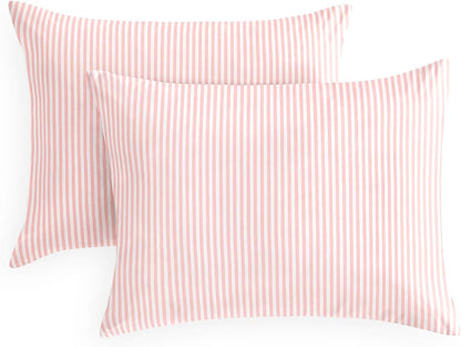 Wake In Cloud - Striped Pillow Cases, Ticking Vertical Pin Stripe Modern Farmhouse Pattern Printed, Set of 2 Soft Pillowcases Pillow Shams Covers, Pink White, Standard Size 20x26 Inches
