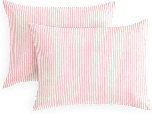 Wake In Cloud - Striped Pillow Cases, Ticking Vertical Pin Stripe Modern Farmhouse Pattern Printed, Set of 2 Soft Pillowcases Pillow Shams Covers, Pink White, Standard Size 20x26 Inches