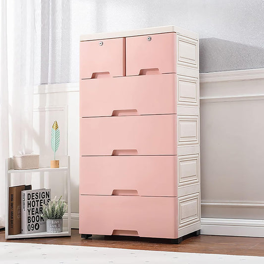 5-Tier Plastic Drawers Dresser with Lock, Storage Dresser with 6 Drawers, Freestanding Movable Tower Storage Drawers Organizer, Tall Dressers Shelf for Living Rooms Furniture (Pink)
