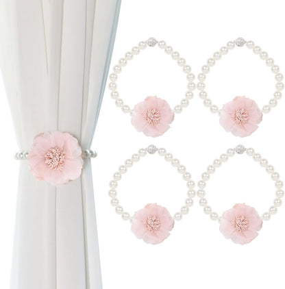 4 Pack of Pearl Magnetic Curtain Tiebacks with Handmade Flower Decorative Curtain Holdbacks Curtain Ties Magnetic Tie Backs for Curtains (4, Pink)