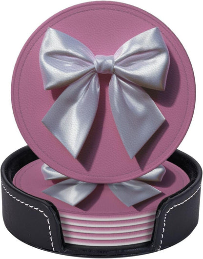 White Satin Bow On Light Pink Premium Leather Coasters, Set of 6 with Holder, Stylish Beverage Coasters for Kitchen Coffee Bar