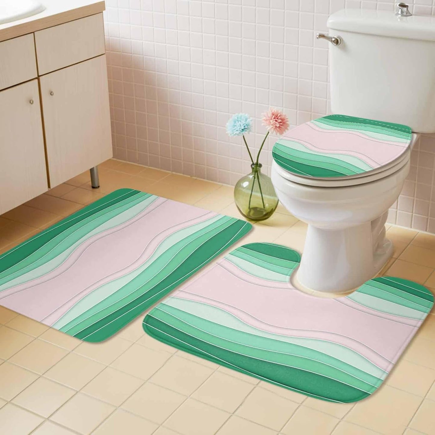 Green Stripes Bathroom Rug Sets 3 Piece, Non Slip Bath Mat, Light Pink Ombre Simple Abstract Lines Absorbent Floor Mats Bath Rugs with U-Shaped Contour Rug Toilet Lid Cover Bathroom Decor Large