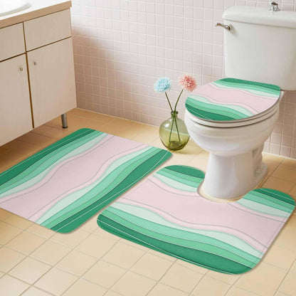 Green Stripes Bathroom Rug Sets 3 Piece, Non Slip Bath Mat, Light Pink Ombre Simple Abstract Lines Absorbent Floor Mats Bath Rugs with U-Shaped Contour Rug Toilet Lid Cover Bathroom Decor Large