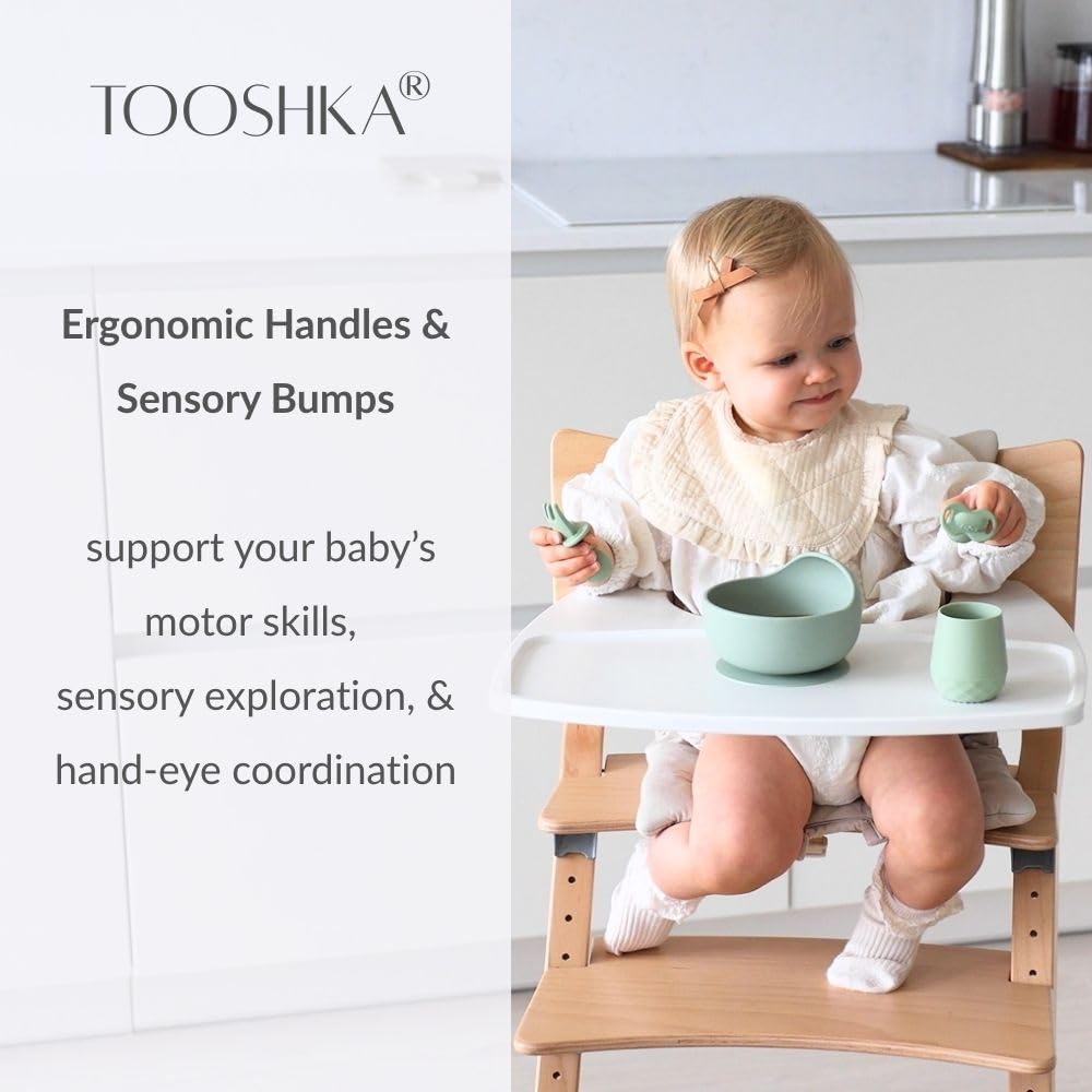 Tooshka® Baby Utensil Set (3 pcs) - Self Feeding Spoons and Tiny Cup - Silicone & BPA Free - Baby-Led Weaning (BLW) Supplies - Ages 6+ Months - Pink Baby Cup & Utensils