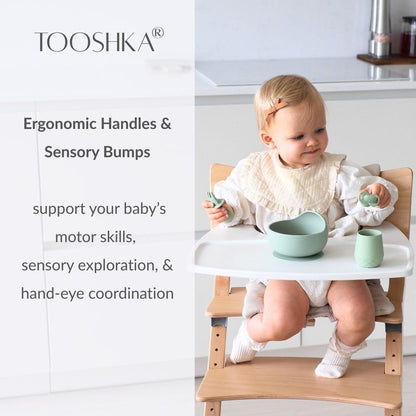 Tooshka® Baby Utensil Set (3 pcs) - Self Feeding Spoons and Tiny Cup - Silicone & BPA Free - Baby-Led Weaning (BLW) Supplies - Ages 6+ Months - Pink Baby Cup & Utensils