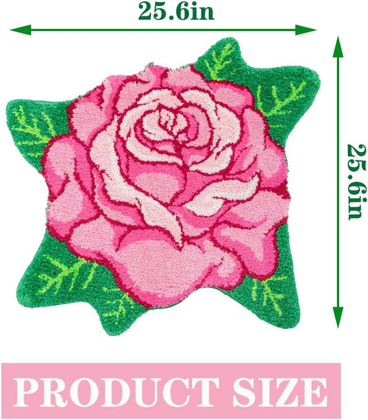 Pink Bathroom Rugs Cute Rose Flower Shaped Bath Mat Green Leaf Decor Bath Rug Non Slip Floor Door Carpet Microfiber Bathmat Absorbent Washable Bathtub Mats for Shower Tub for Bathroom 25.6" x 25.6''