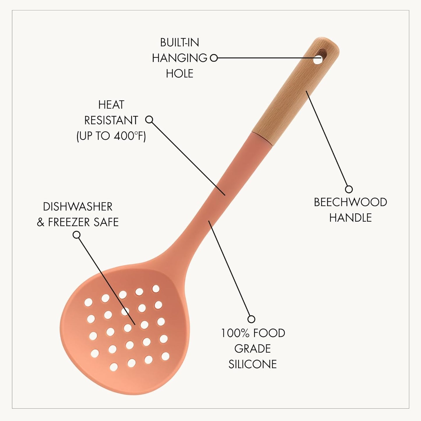 Beille 3pc Beech Wood and Silicone Kitchen Utensils Cooking Spoon Set Meal Prep Baking Supplies Home Essentials, Coral Peach