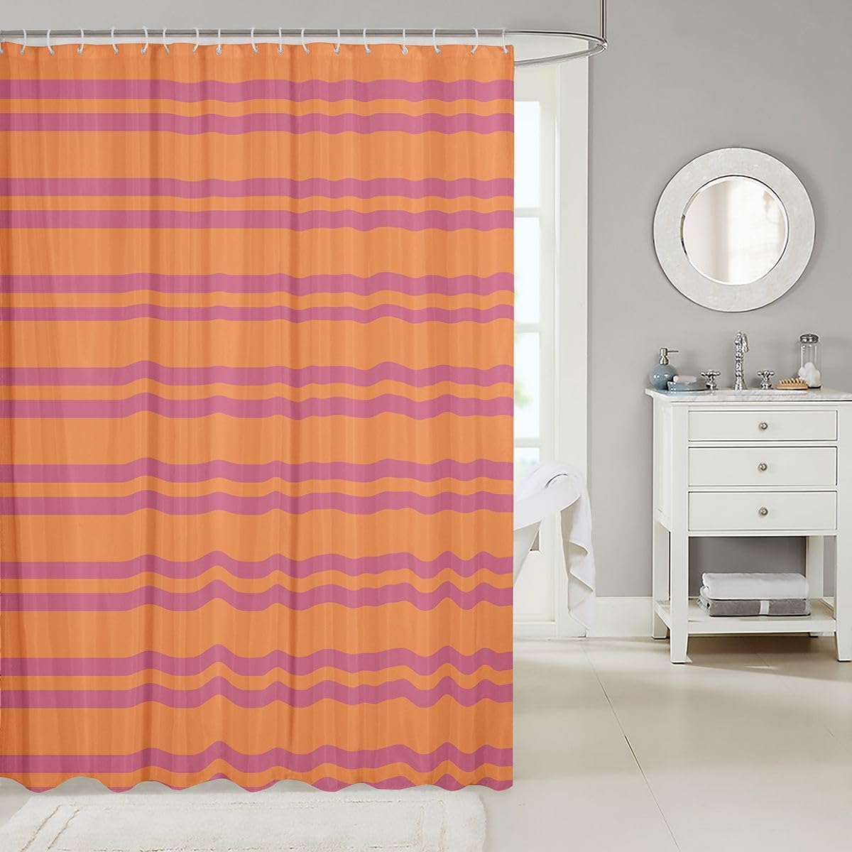 Erosebridal Peach Orange Modern Lines Shower Curtain for Kids Teens | Abstract Striped Bath Curtain Classic Horizontal Stripe Bathroom Accessories Minimalist Stripes Fabric Shower Curtains 72" Wx72 L