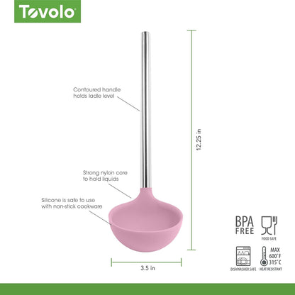 Tovolo Silicone Ladle with Stainless Steel Handle Pink Sorbet Soup Ladle Large, Dishwasher Safe Heat Resistant BPA Silicone Ladle Deep Spoon with Reinforced Nylon Core for Soup, Stew, Sauce & Punch