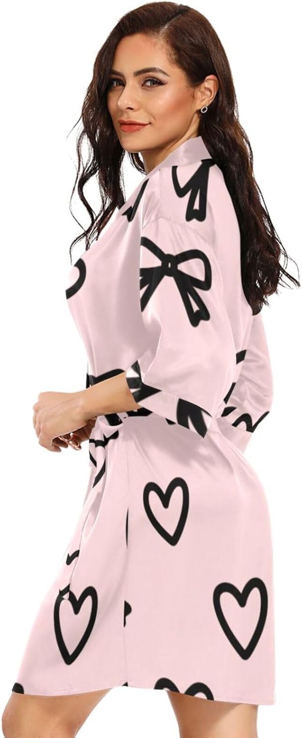 Pink Bow Heart Woman's Bathrobes with Pockets Summer Robe after Shower