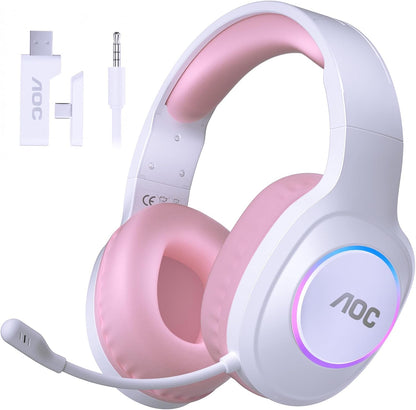 AOC Wireless Gaming Headset Compatible with ps5/4, PC, USB-C & Bluetooth 5.4 & 2.4GHz Gaming Headphones with Noise Canceling Mic, 7.1 Virtual Surround,20ms Latency, 45H, RGB- Pink