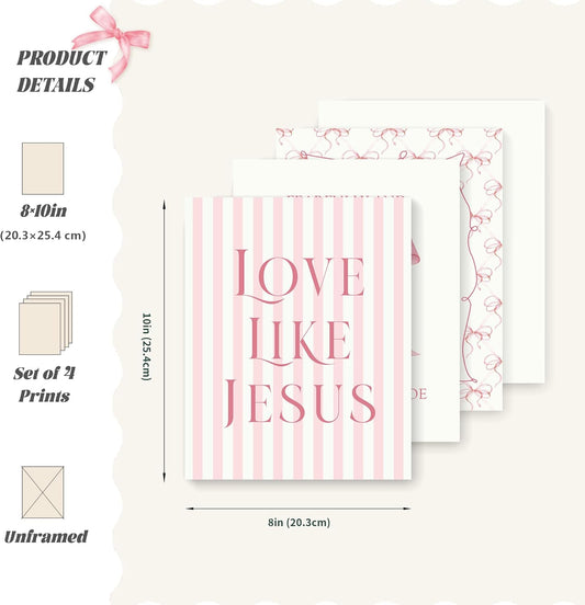 LARTSFRO Coquette Pink Bow Jesus Wall Art Decor Posters, Light Pink Bow Christian Room Bedroom Bathroom Dorm Wall Art Decor Aesthetic for College Teen Girls Gifts, Inspirational Bible Verses Bow Wall Decor, 10x8 Inch Set of 4 Bow Pictures (UNFRAMED)