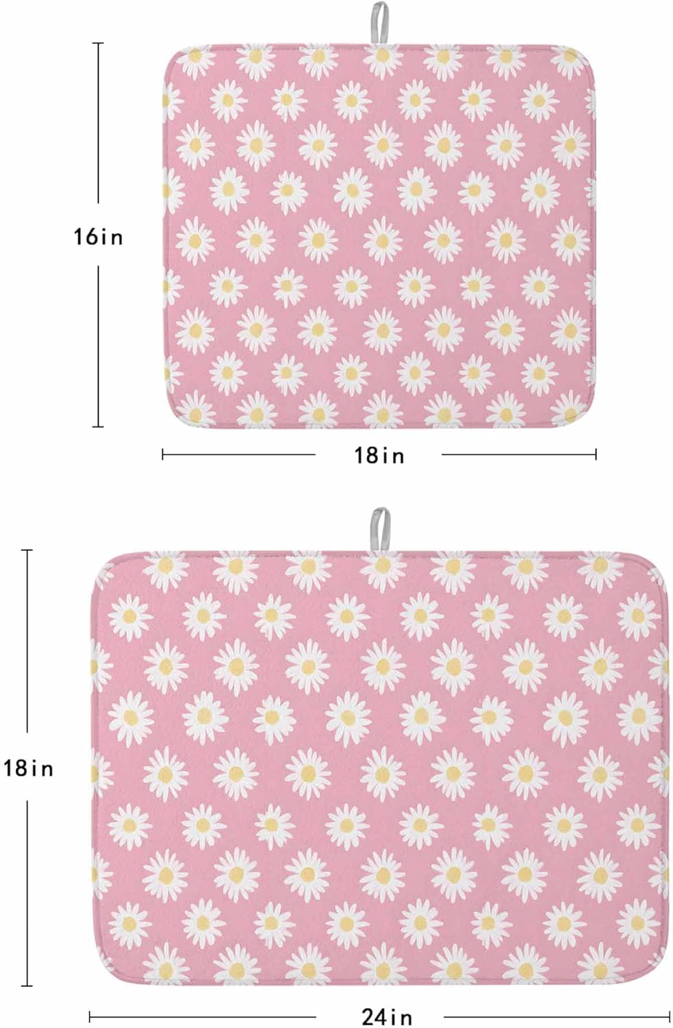 White Daisy Floral Drying Mats for Kitchen Counter, Light Pink Microfiber Absorbent Dish Drainer/Rack Mat,Reversible Hangding Quick Drying kitchen Decor,18x24 Machine Washable