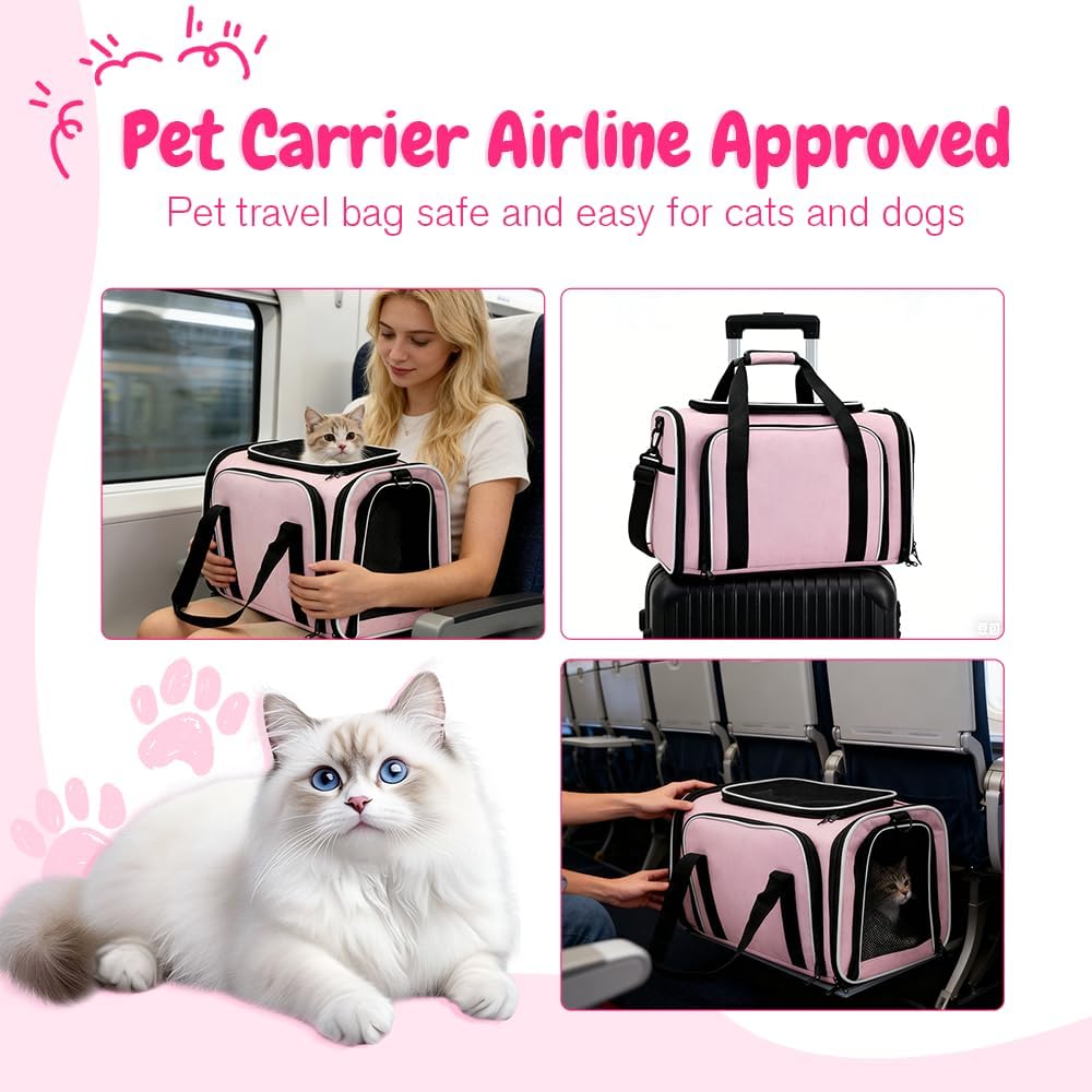 Double Expandable Cat Carrier,Airline Approved Soft-Sided Pet Travel Carrier for Small Dogs Cats under 15 lbs,Waterproof 600D Oxford Fabric with Washable Replacement Liner,Odor-Free & Claw-Proof(Pink)