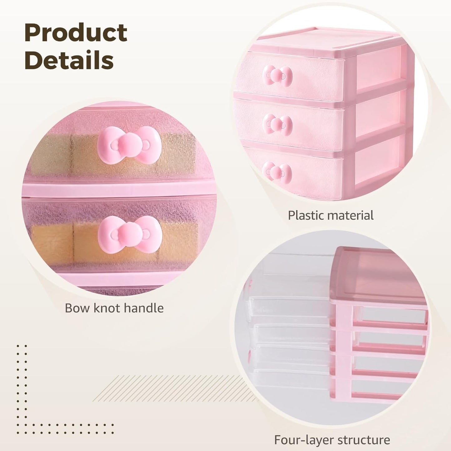 4-Layer Pink Desktop Drawer Organizer, Lovely Pink Storage Box 7.9x6.7x5.1 in, Multi-Layer Stackable Makeup Organizer with Transparent Panel, Bow Handles for Desk Organization