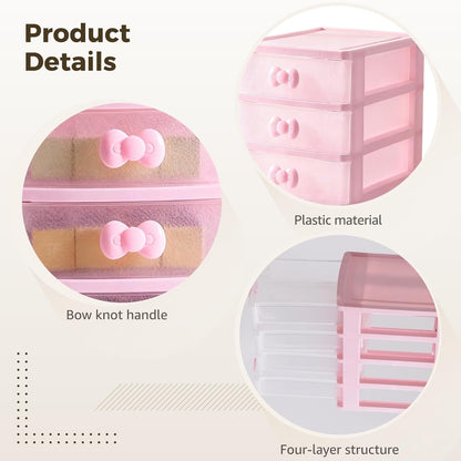 4-Layer Pink Desktop Drawer Organizer, Lovely Pink Storage Box 7.9x6.7x5.1 in, Multi-Layer Stackable Makeup Organizer with Transparent Panel, Bow Handles for Desk Organization