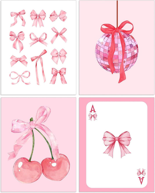 Prospura 4 Pcs Pink Diamond Art Kits,5D Charming Bow Diamond Painting DIY for Adult,Trendy Coquette Vintage Preppy Room Bedroom Decor,10x11.8 Inch