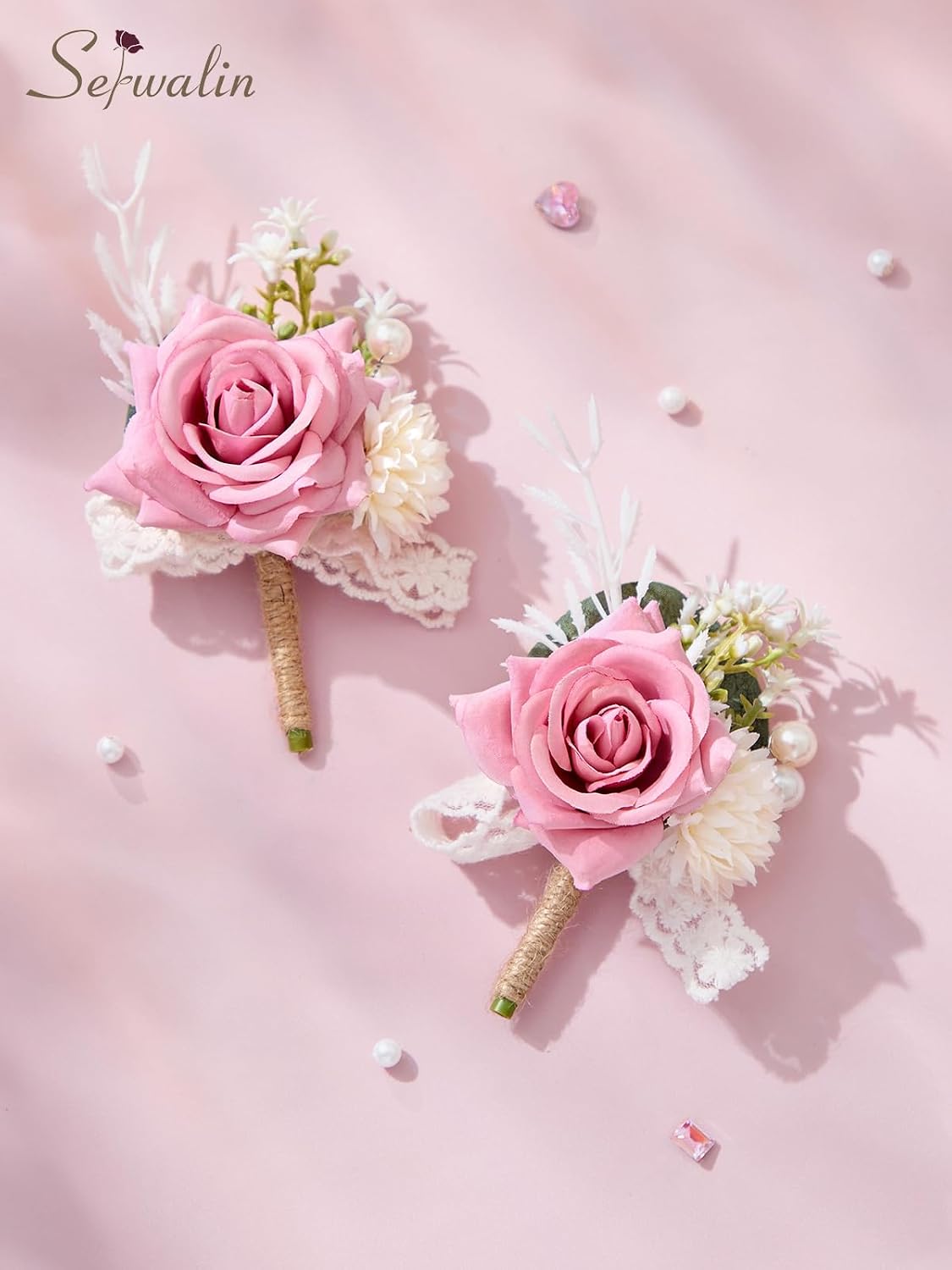 Serwalin 2 Pcs Pink Boutonniere for Men, Groom Groomsmen Best Man Guest Boutonnieres，Artificial Flowers Silk Rose for Wedding Prom Ceremony Anniversary Party Homecoming
