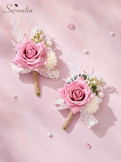 Serwalin 2 Pcs Pink Boutonniere for Men, Groom Groomsmen Best Man Guest Boutonnieres，Artificial Flowers Silk Rose for Wedding Prom Ceremony Anniversary Party Homecoming