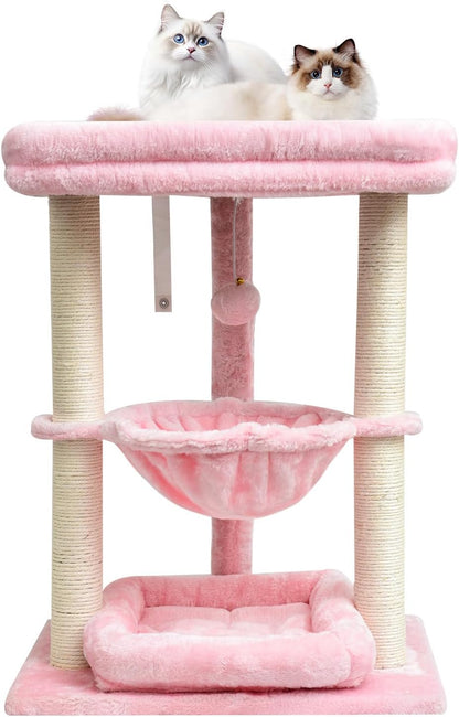SYANDLVY Small Cat Tree for Indoor Cats with Top Perch, Middle Hammock & Bottom Bed, Natural Sisal Scratching Post Tower with Hanging Bell Ball & Anti-Tip Strap, Stable Indoor Cat Furniture, Pink