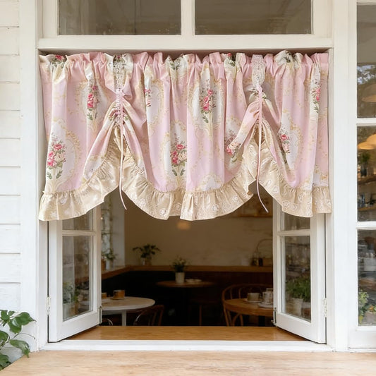 Vintage Floral Ruffled Balloon Curtains Pink Semi-Sheer Swag Valance | Adjustable Pull Up Roman Shade Romantic Floral Tier Curtain for Kitchen Sink Cafe Wedding Valentine's Decor Rod Pocket
