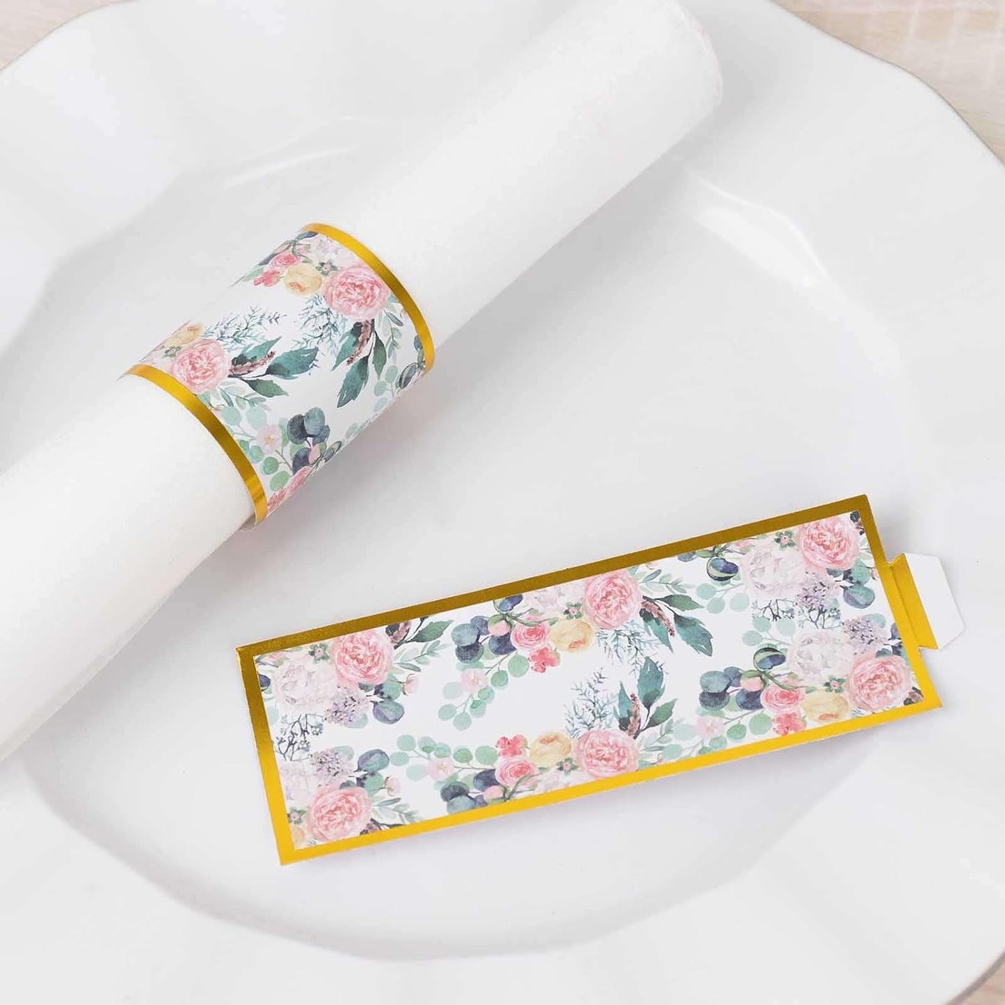 Efavormart 50 Pack Pink Peony Floral Paper Napkin Rings with Gold Edge, Disposable Napkin Holders Bands - 1.5"