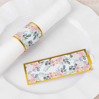 Efavormart 50 Pack Pink Peony Floral Paper Napkin Rings with Gold Edge, Disposable Napkin Holders Bands - 1.5"