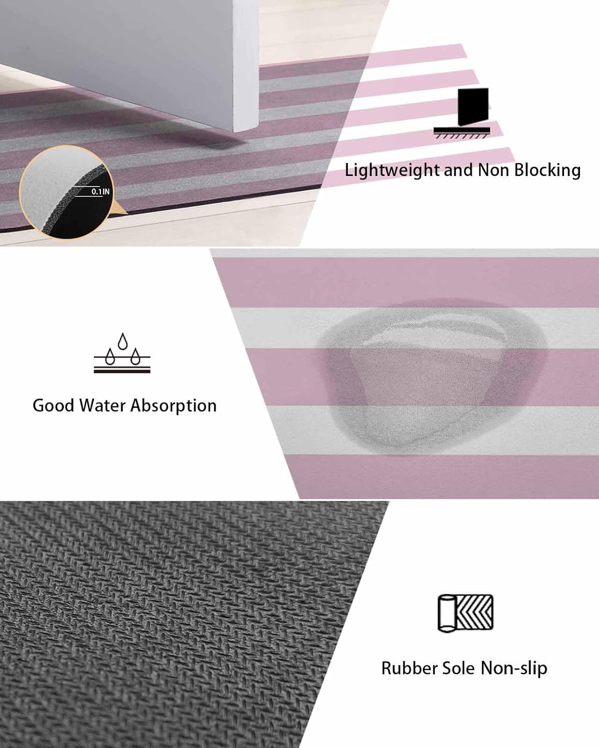 Pink Stripe Bath Mat for Tub,Modern Simple Geometric White Striped Non Slip Bathroom Floor Runner Rug Quick Dry & Absorbent Diatomaceous Earth Shower Sink Bedroom Kitchen Living Room Doormat 16"x24"