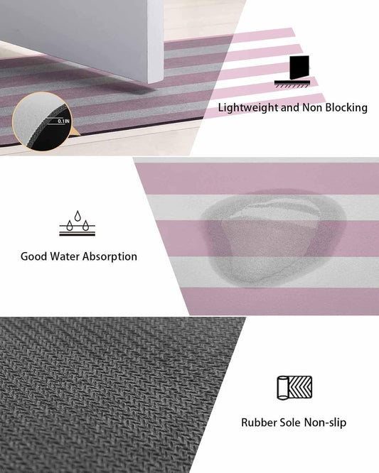 Pink Stripe Bath Mat for Tub,Modern Simple Geometric White Striped Non Slip Bathroom Floor Runner Rug Quick Dry & Absorbent Diatomaceous Earth Shower Sink Bedroom Kitchen Living Room Doormat 16"x24"